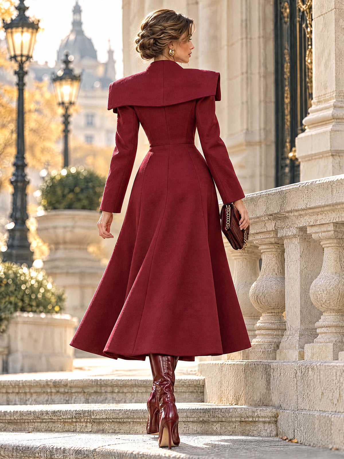 Vintage Burgundy Wide Lapel Flared Maxi Coat