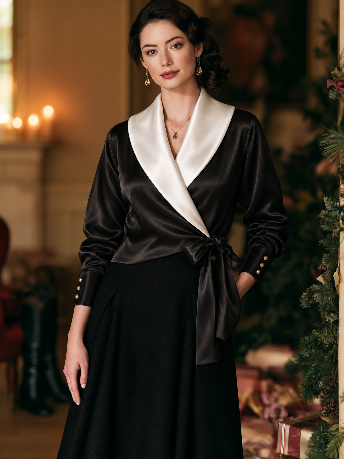 Vintage Satin White Contrast Collar Tie Waist Blouse