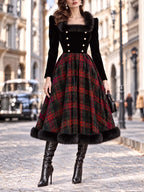 Vintage Velvet Bodice Tartan Midi Dress