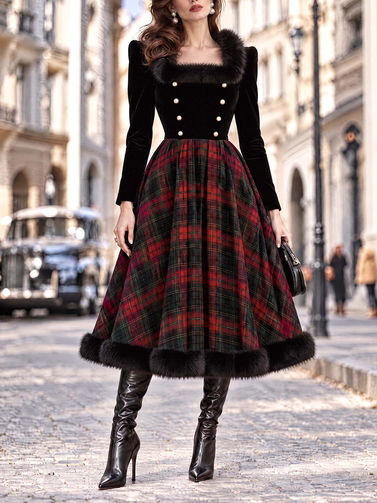 Vintage Velvet Bodice Tartan Midi Dress