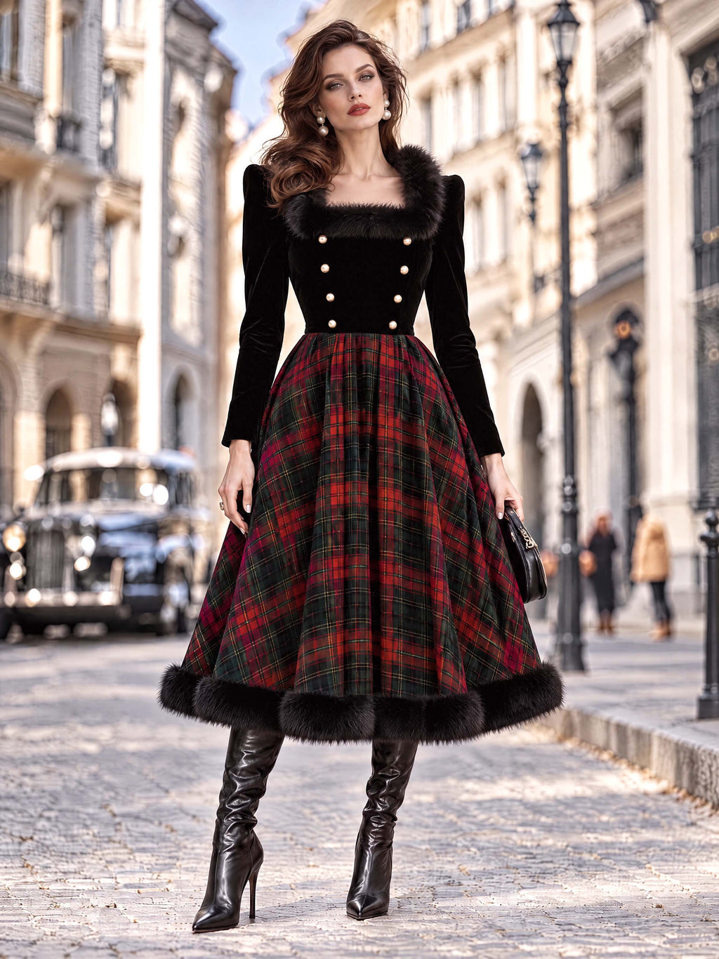 Vintage Velvet Bodice Tartan Midi Dress
