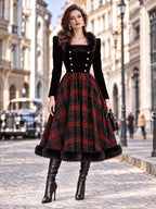 Vintage Velvet Bodice Tartan Midi Dress