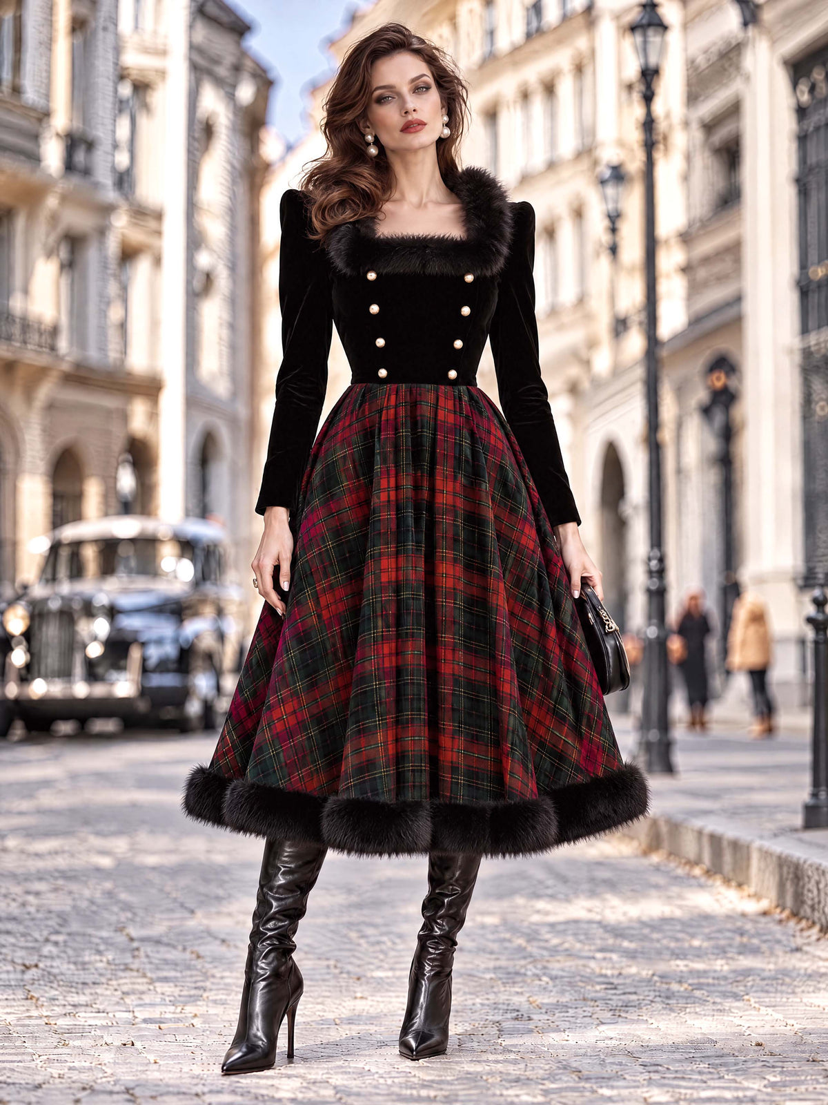 Vintage Velvet Bodice Tartan Midi Dress
