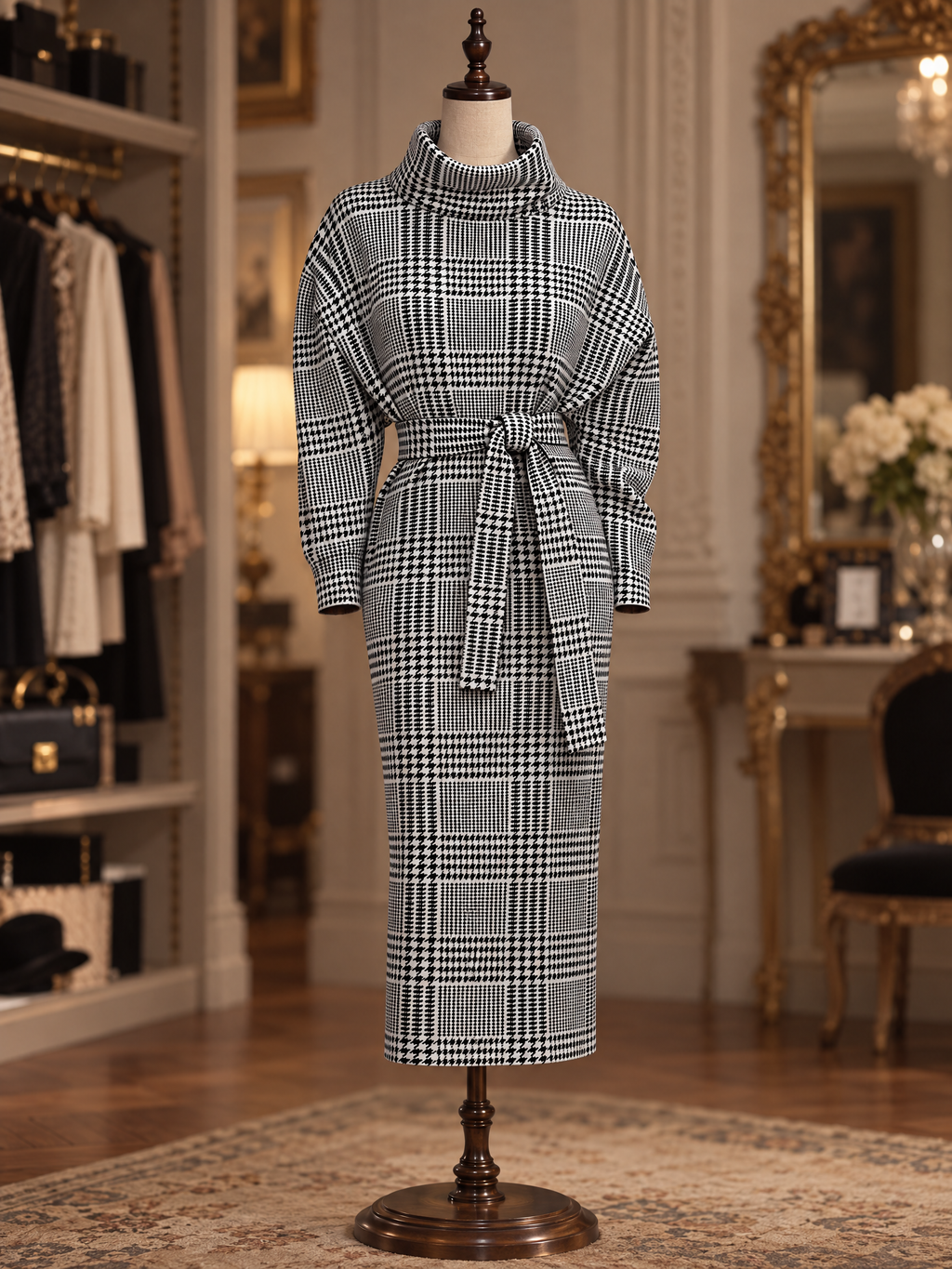 Vintage Houndstooth Turtleneck Tie Waist Midi Dress