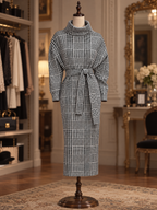 Vintage Houndstooth Turtleneck Tie Waist Midi Dress