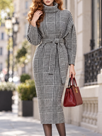 Vintage Houndstooth Turtleneck Tie Waist Midi Dress