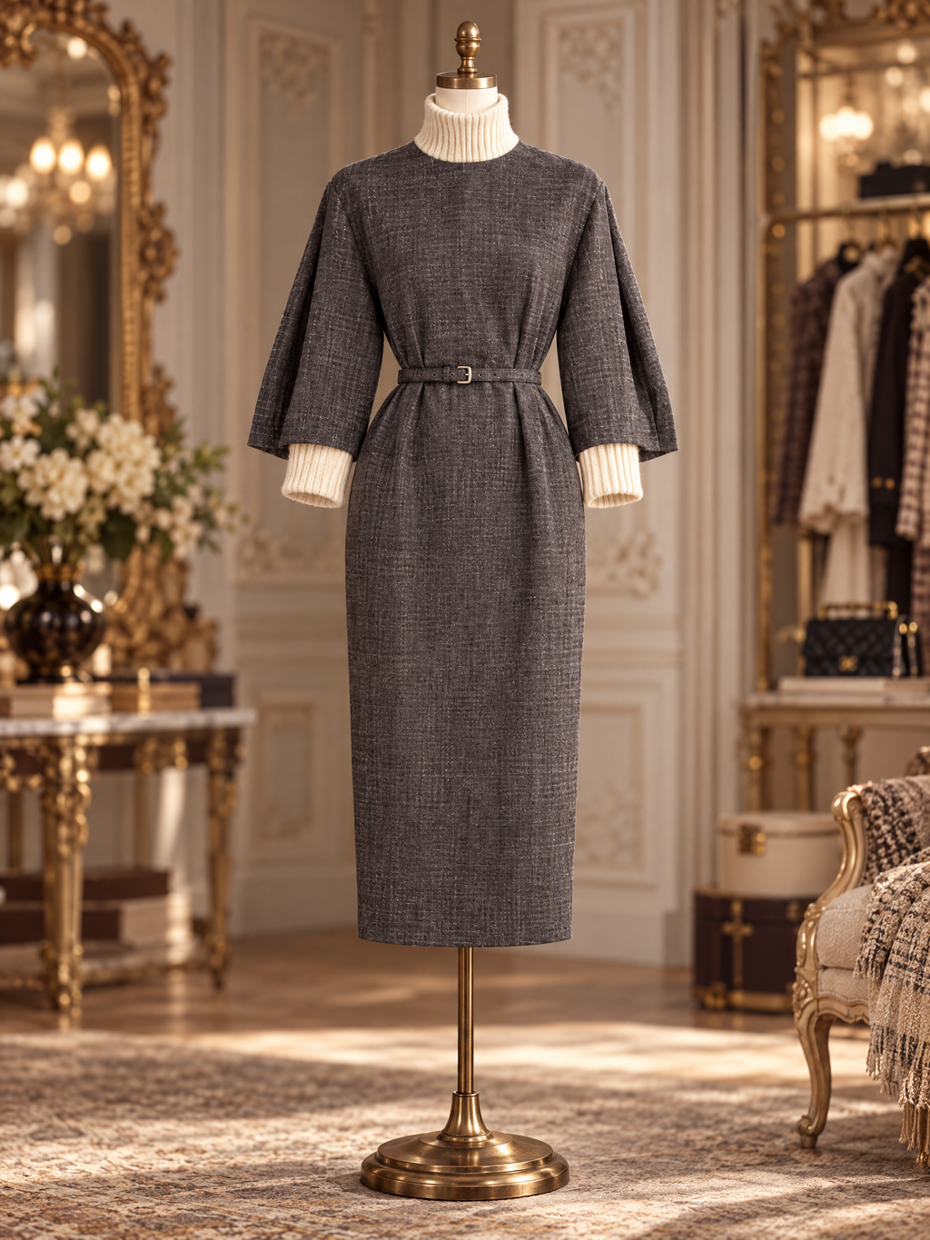Vintage Flattering Contrast Turtleneck Belted Midi Dress