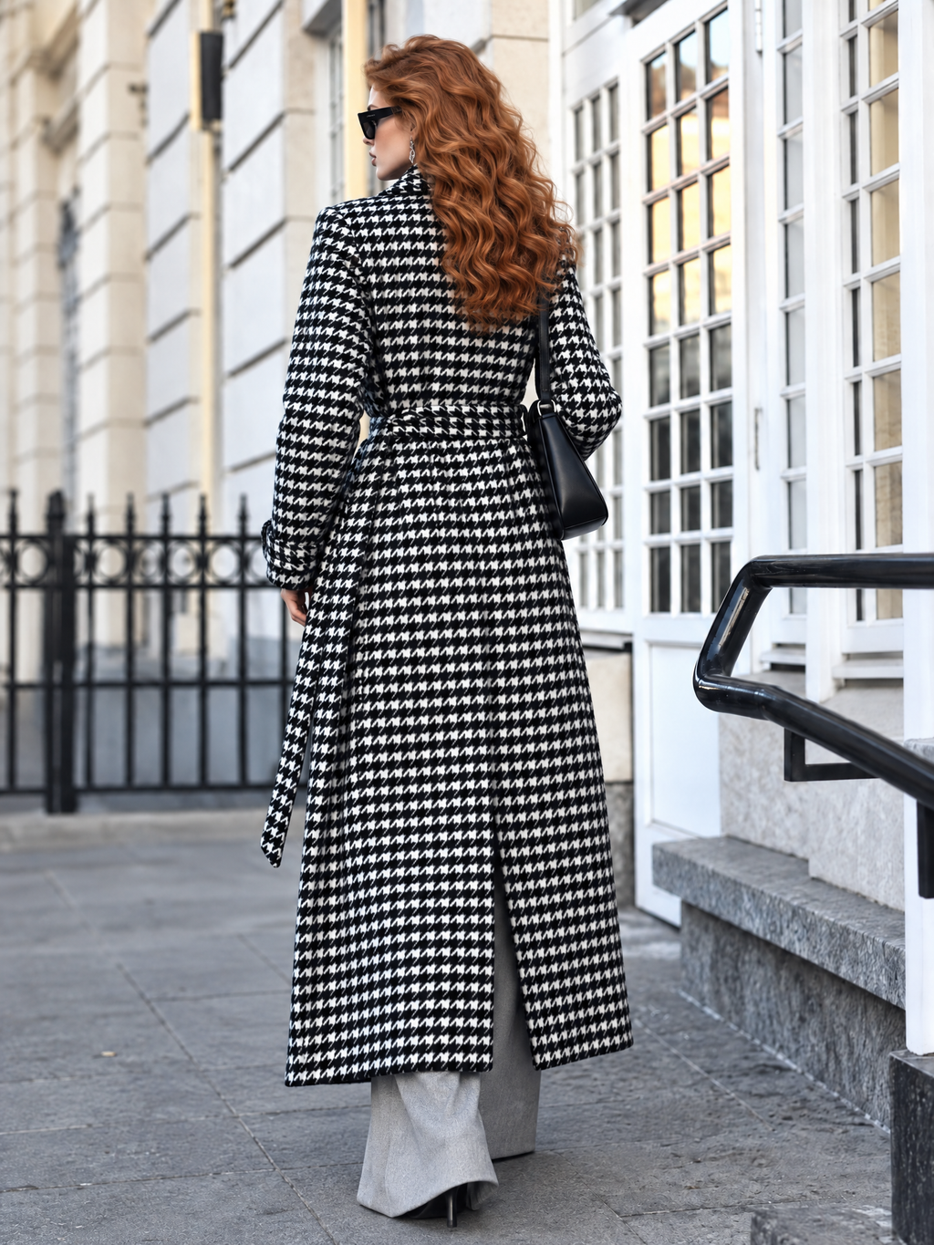 Vintage Wool Houndstooth Double Breasted Long Coat