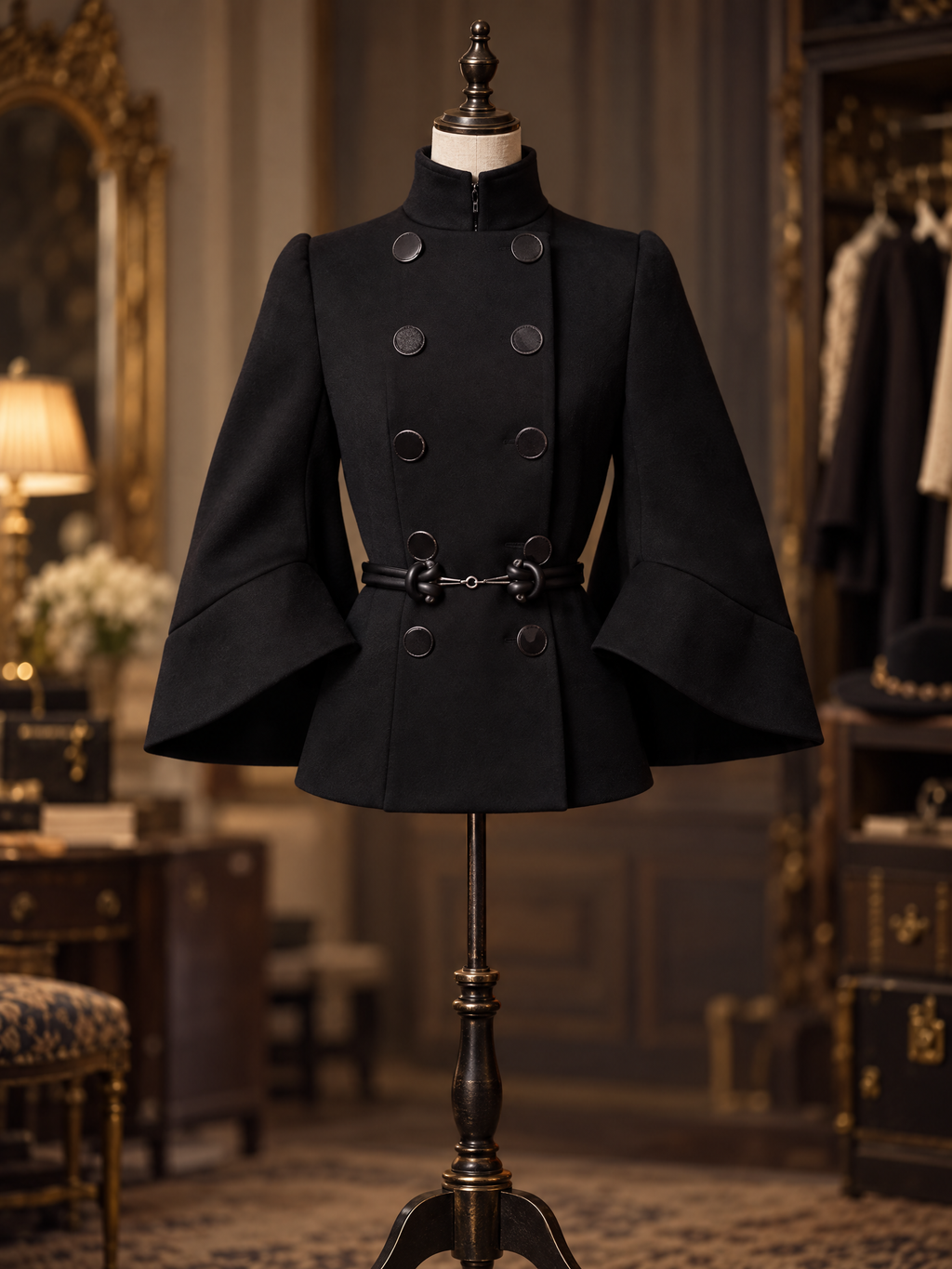 Vintage Wool Flare Sleeve Double Breasted Belted Coat
