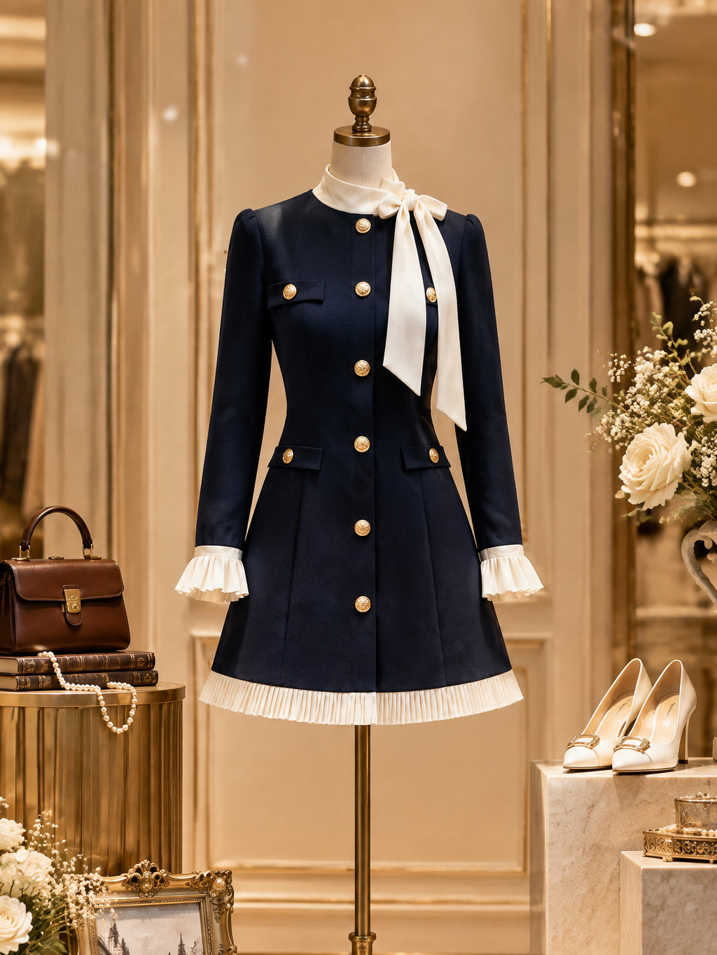 Vintage Navy Bow Neck Ruffle Mini Dress