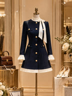 Vintage Navy Bow Neck Ruffle Mini Dress
