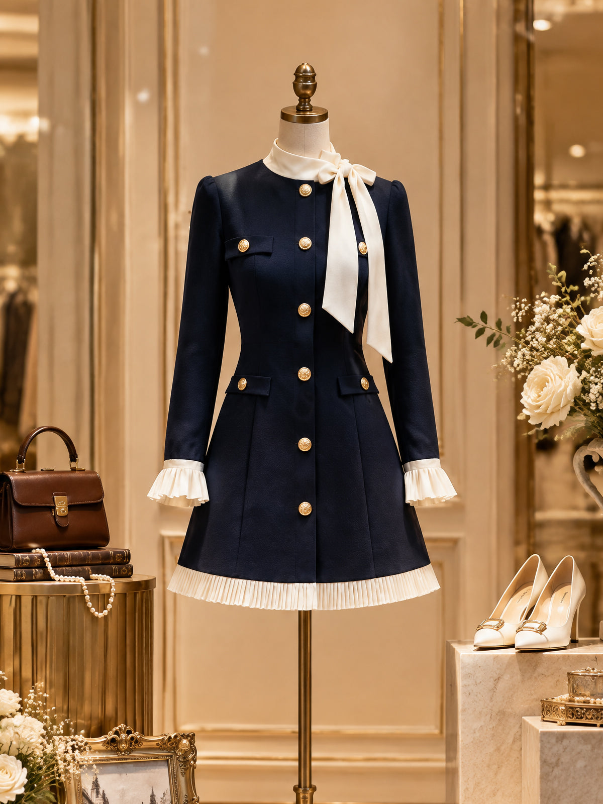 Vintage Navy Bow Neck Ruffle Mini Dress