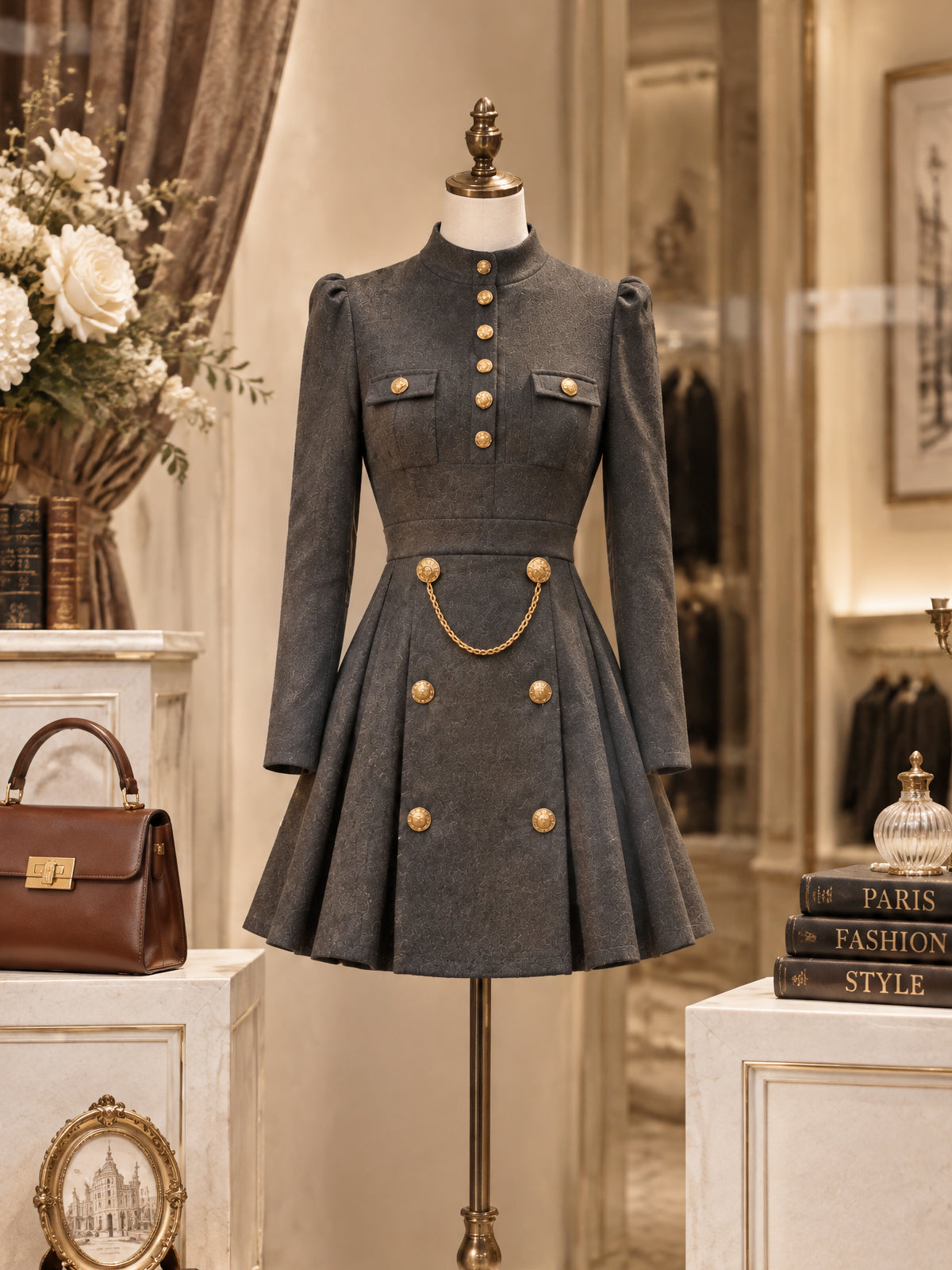 Vintage Military Button Fit-and-Flare Mini Dress