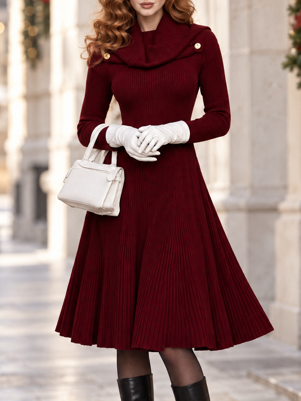 Vintage Ribbed Knit Cowl Neck Gold Button Midi Dress