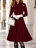 Vintage Ribbed Knit Cowl Neck Gold Button Midi Dress