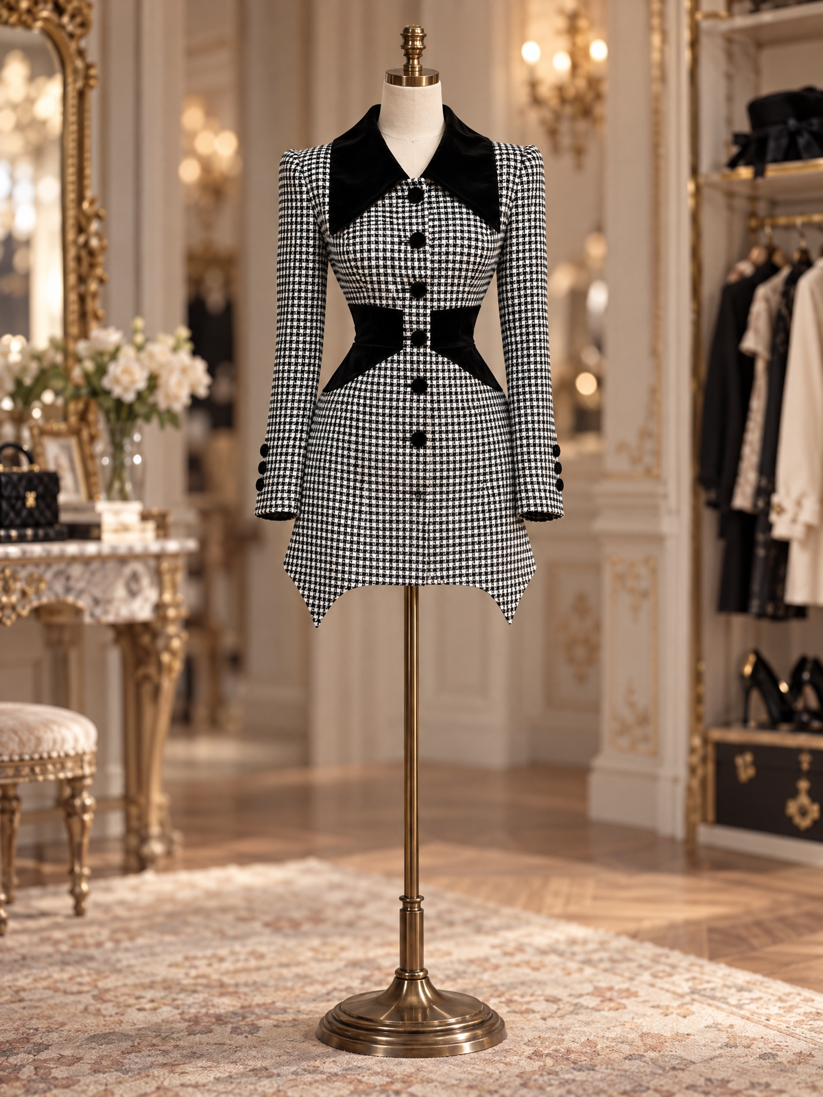 Vintage Houndstooth Velvet Contrast Collar A-line Mini Dress