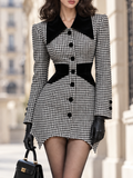 Vintage Houndstooth Velvet Contrast Collar A-line Mini Dress