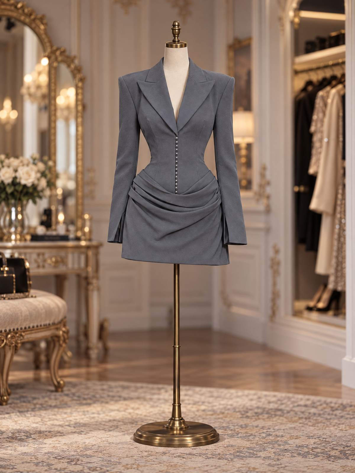Vintage Grey Blazer Collar Draped Corset Mini Dress