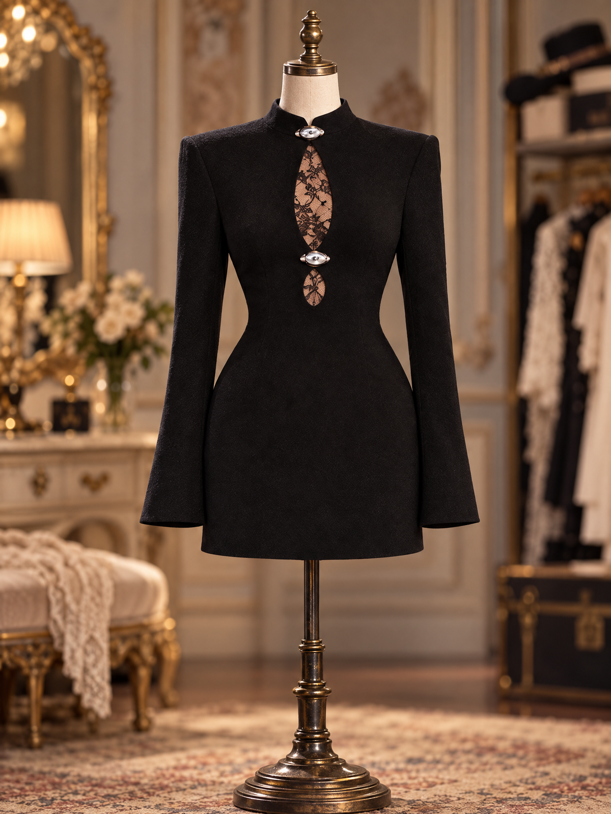 Vintage Lace Cutout Stand Collar Fitted Mini Dress