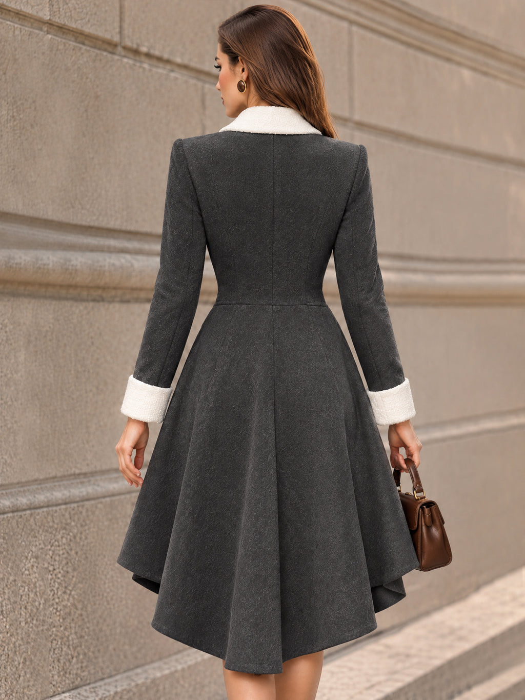 Vintage Contrast Lapel High-Low Midi Dress