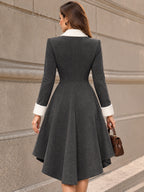 Vintage Contrast Lapel High-Low Midi Dress