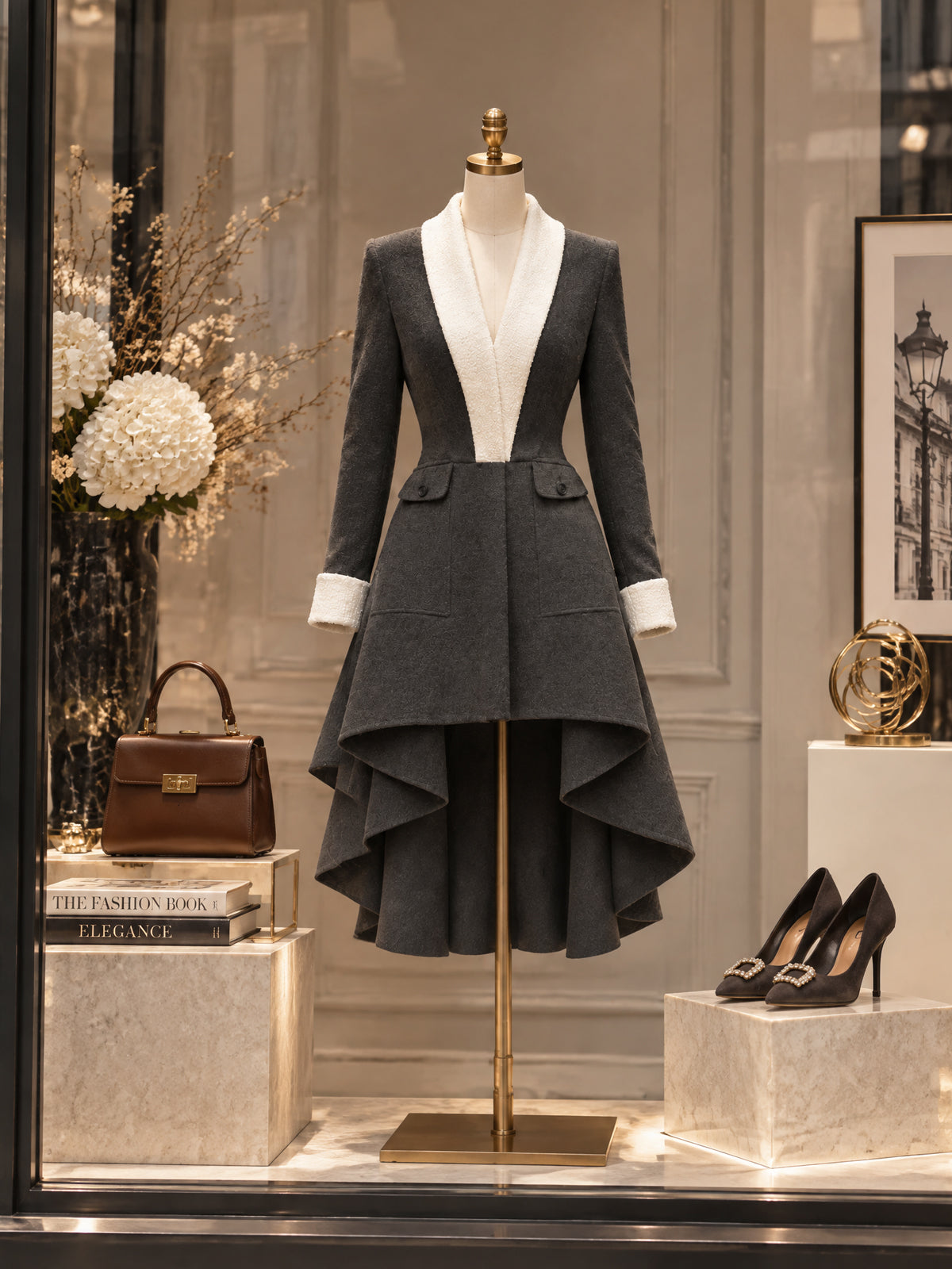 Vintage Contrast Lapel High-Low Midi Dress