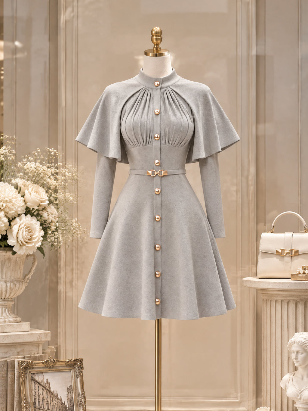 Vintage Cape Sleeve Belted Mini Dress