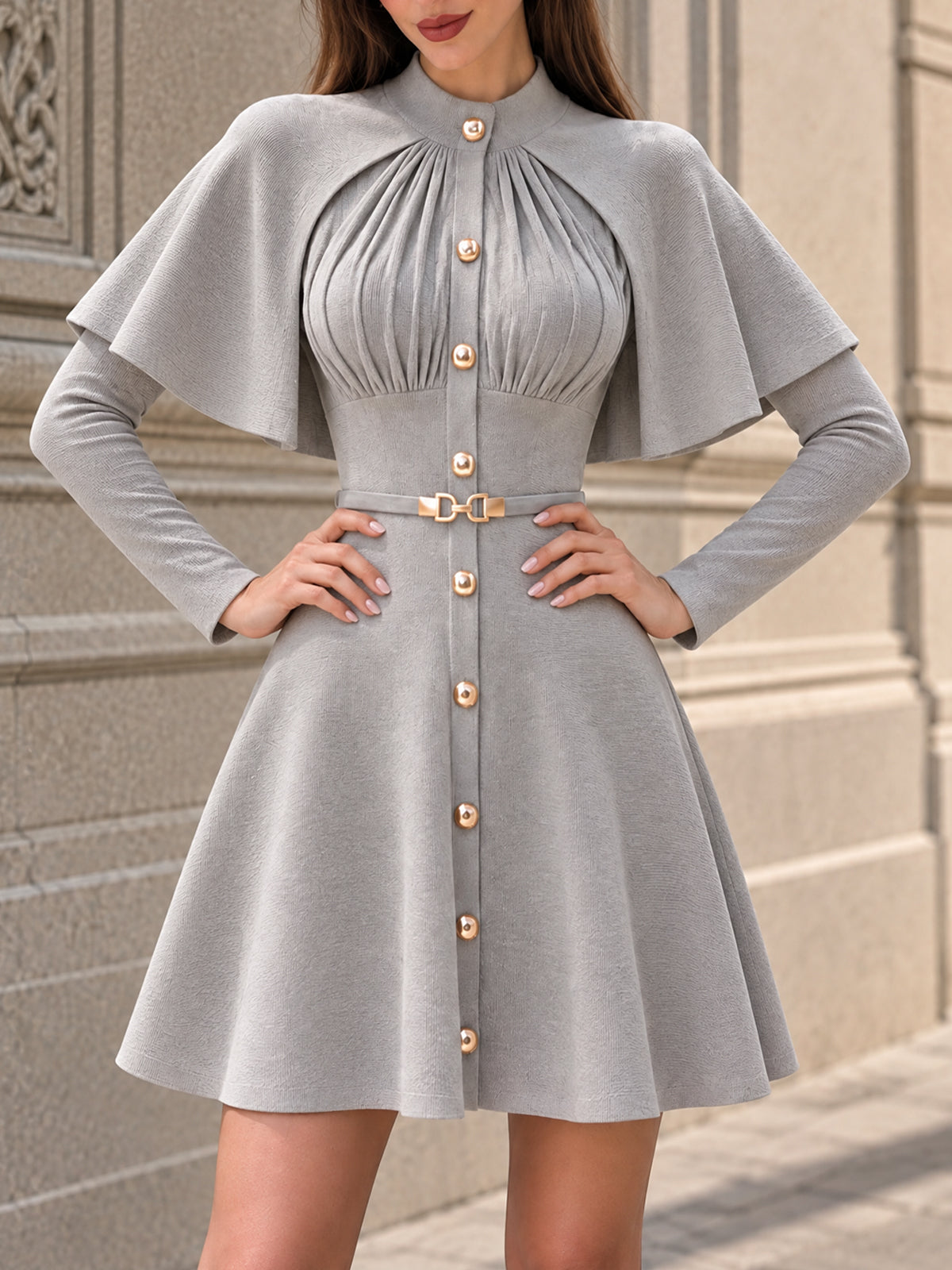 Vintage Cape Sleeve Belted Mini Dress