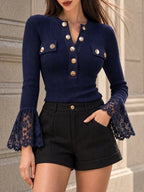Vintage Ribbed Lace Cuff Henley Shirt