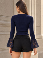 Vintage Ribbed Lace Cuff Henley Shirt