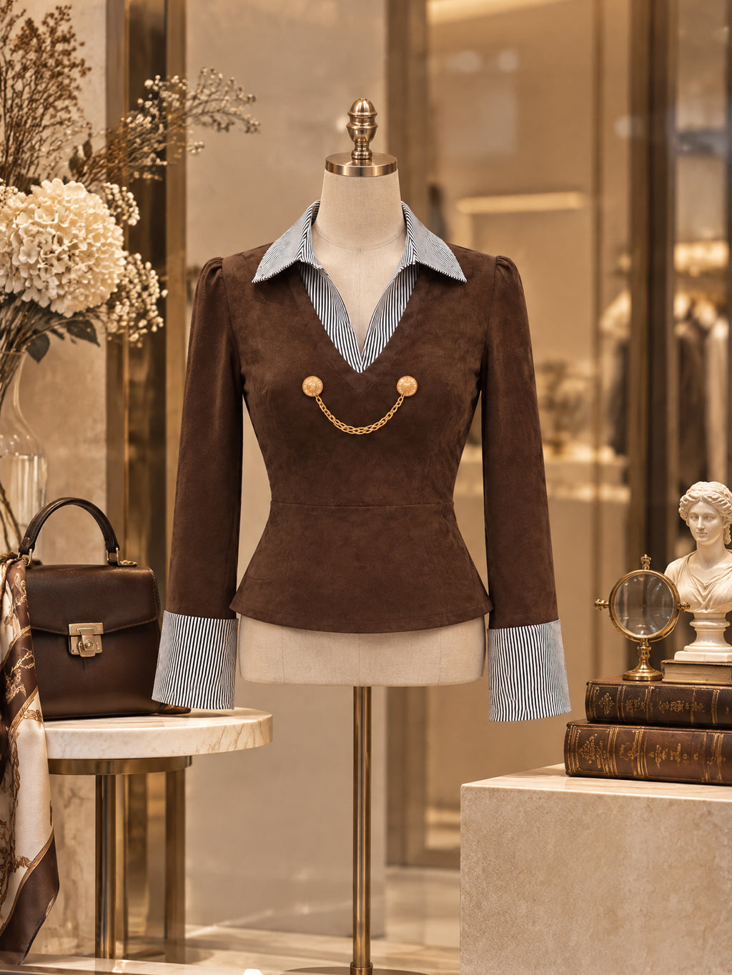Vintage Faux Suede Chain Detail Peplum Shirt