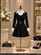 Vintage Polka Dot Collar Belted Mini Dress