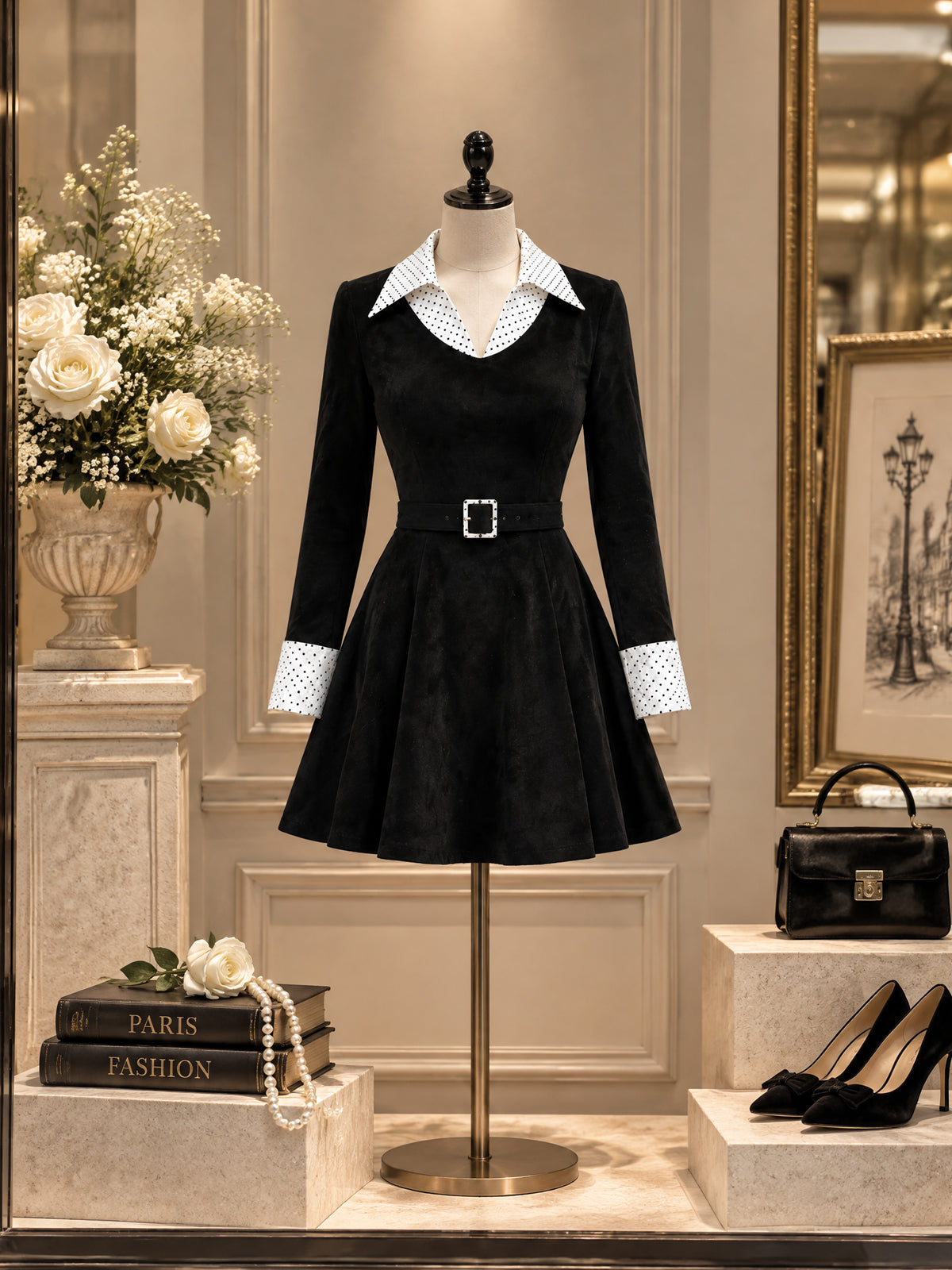 Vintage Polka Dot Collar Belted Mini Dress