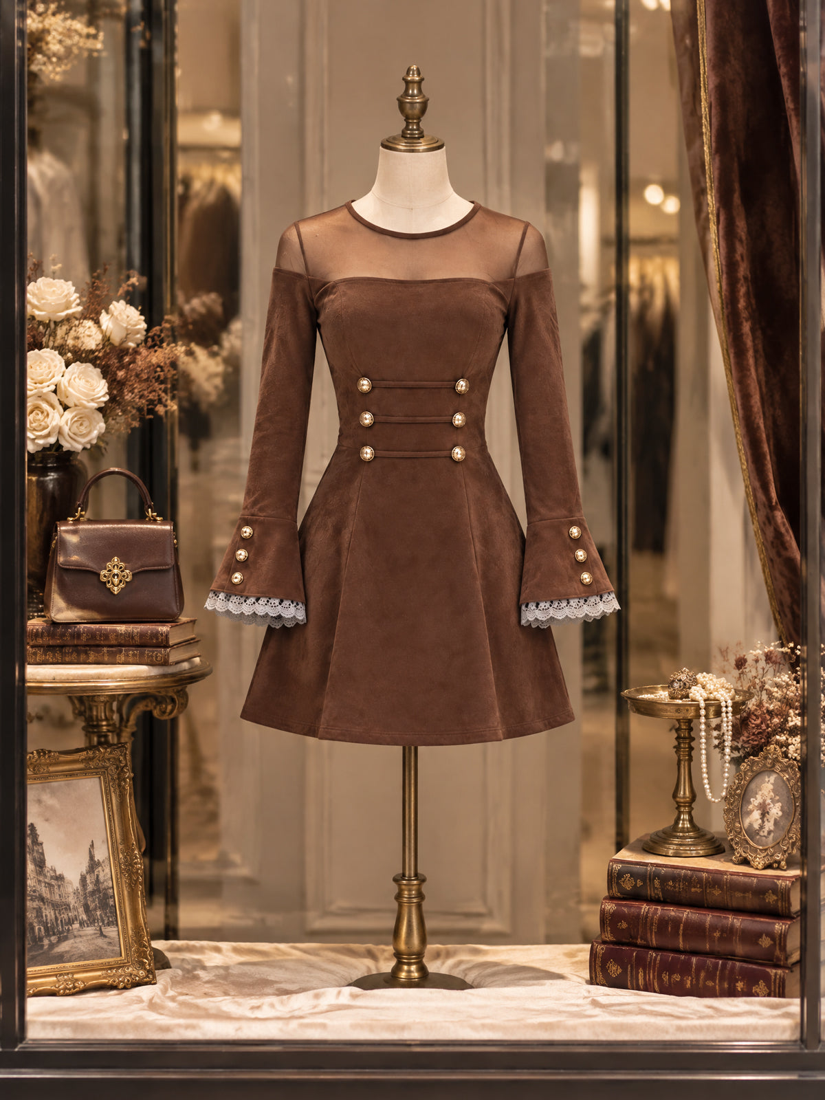 Vintage Mesh Yoke Faux Suede Mini Dress