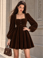 Vintage Brown Velvet Puff Sleeve Mini Dress
