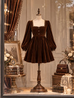 Vintage Brown Velvet Puff Sleeve Mini Dress