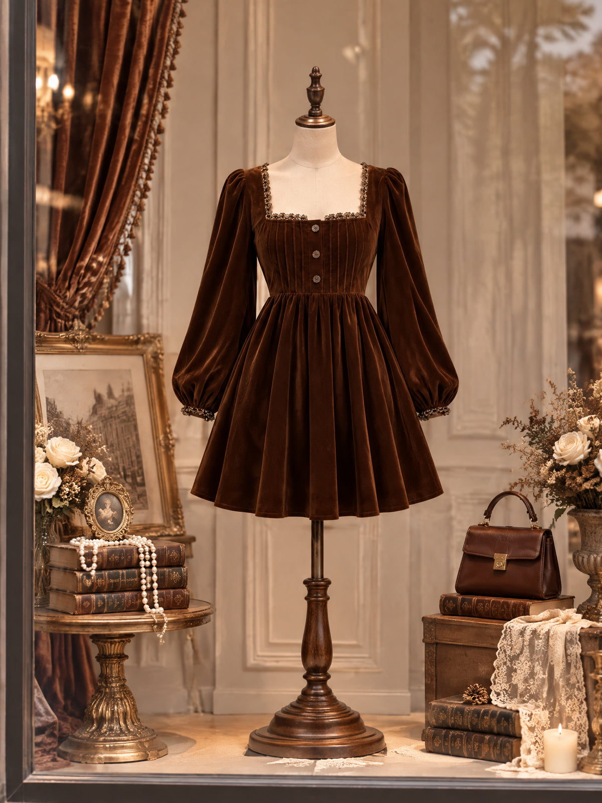 Vintage Brown Velvet Puff Sleeve Mini Dress