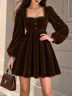 Vintage Brown Velvet Puff Sleeve Mini Dress