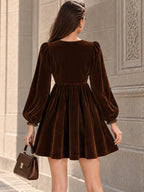 Vintage Brown Velvet Puff Sleeve Mini Dress