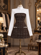 Vintage Contrast Stand Collar Tweed Pocket Mini Dress