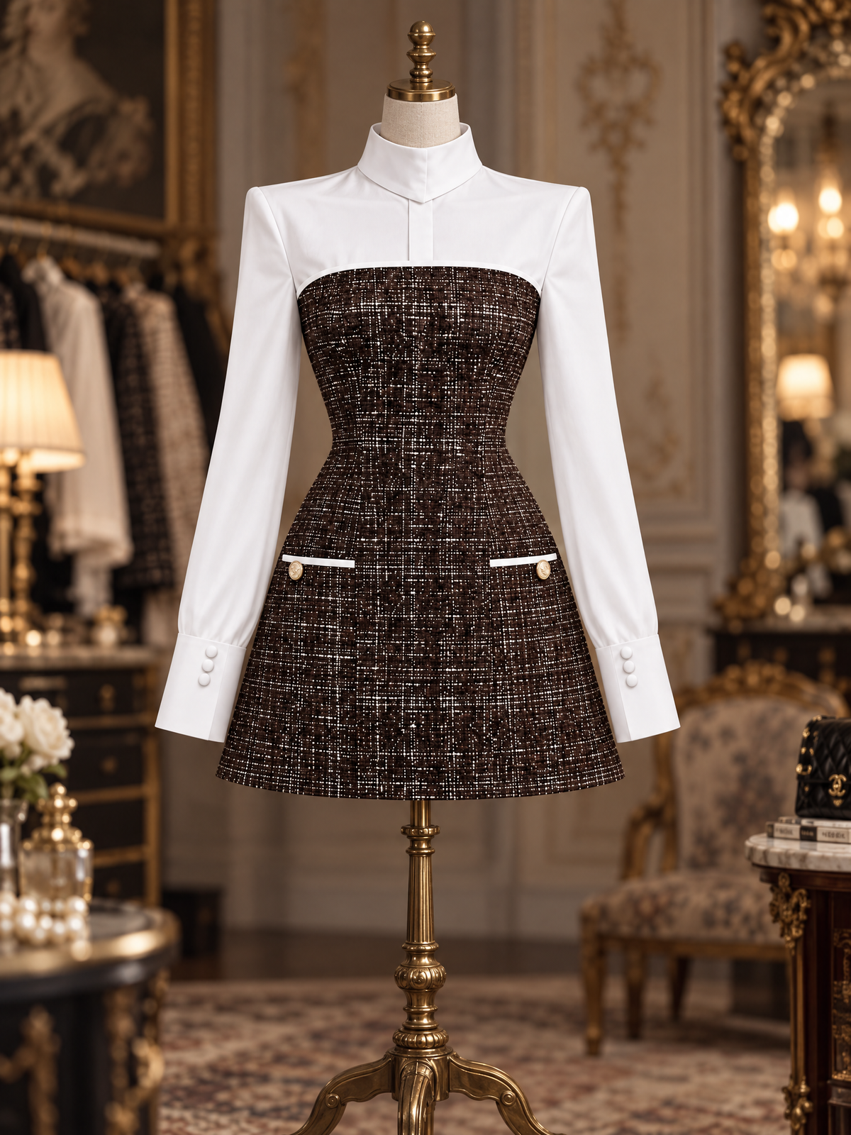 Vintage Contrast Stand Collar Tweed Pocket Mini Dress