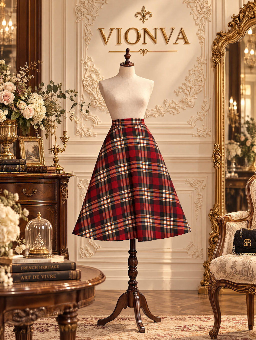 Vintage Tartan Plaid A-line Midi Skirt