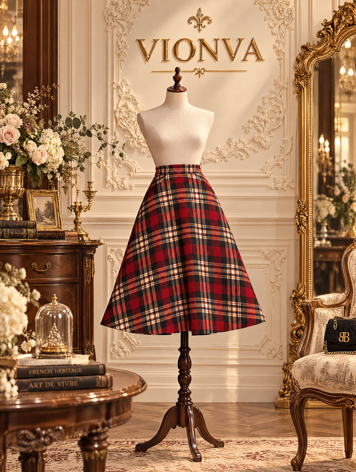 Vintage Tartan Plaid A-line Midi Skirt