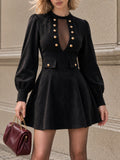Vintage Button Puff Sleeve Mini Dress