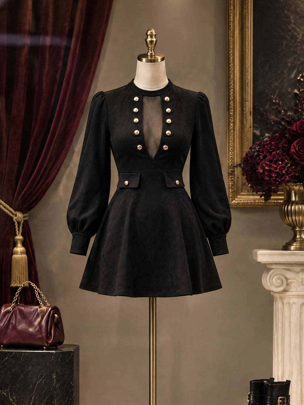 Vintage Button Puff Sleeve Mini Dress