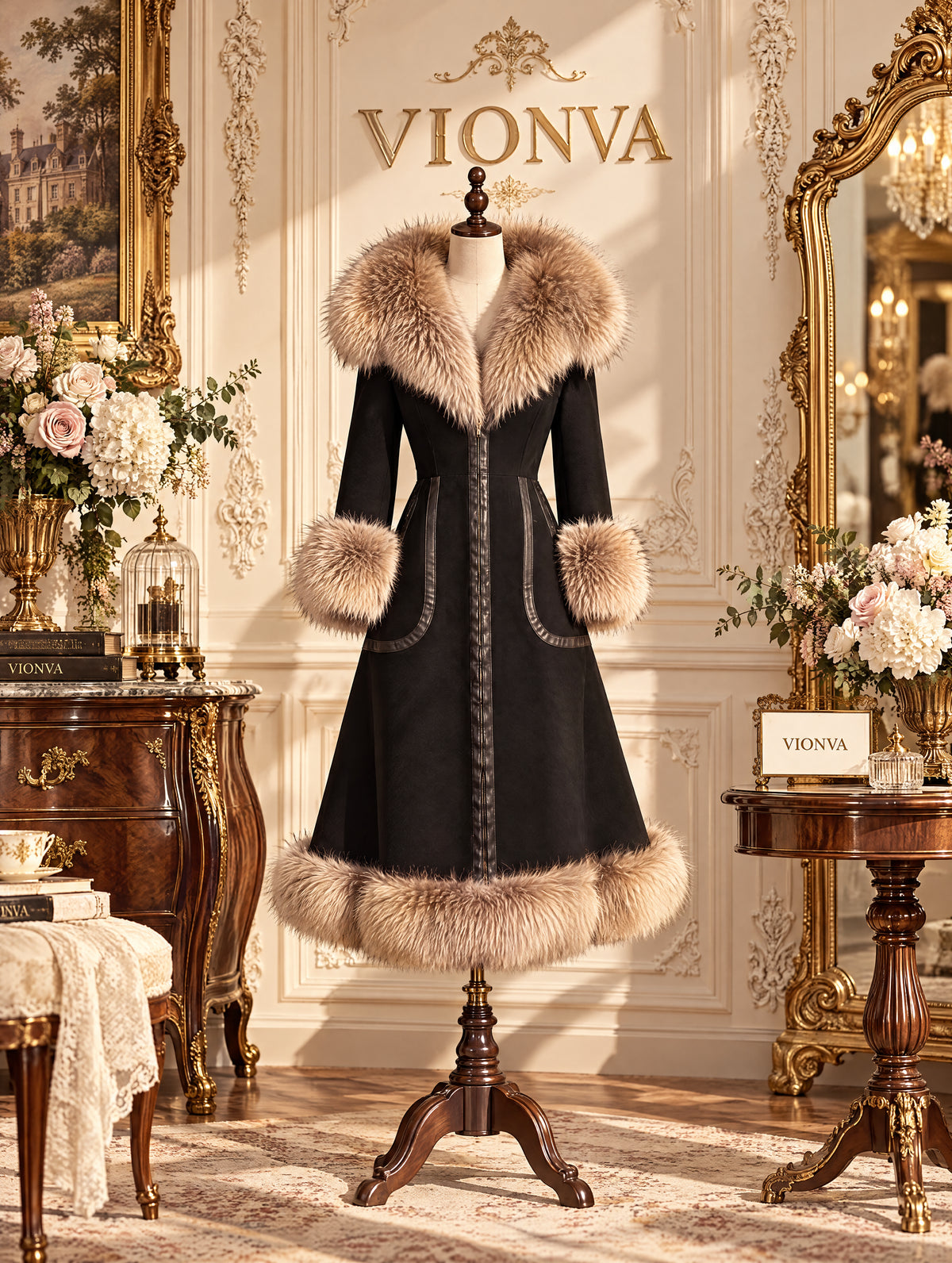 Vintage Hooded Faux Fur Trim Maxi Coat