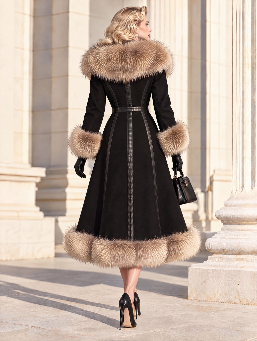 Vintage Hooded Faux Fur Trim Maxi Coat