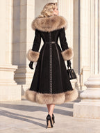 Vintage Hooded Faux Fur Trim Maxi Coat