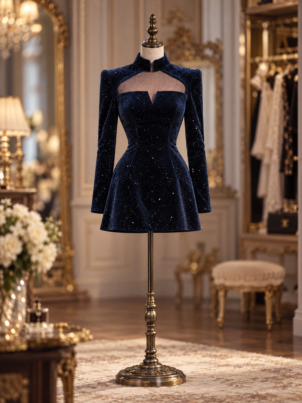Vintage Velvet Glitter Mesh Cutout High Neck Mini Dress