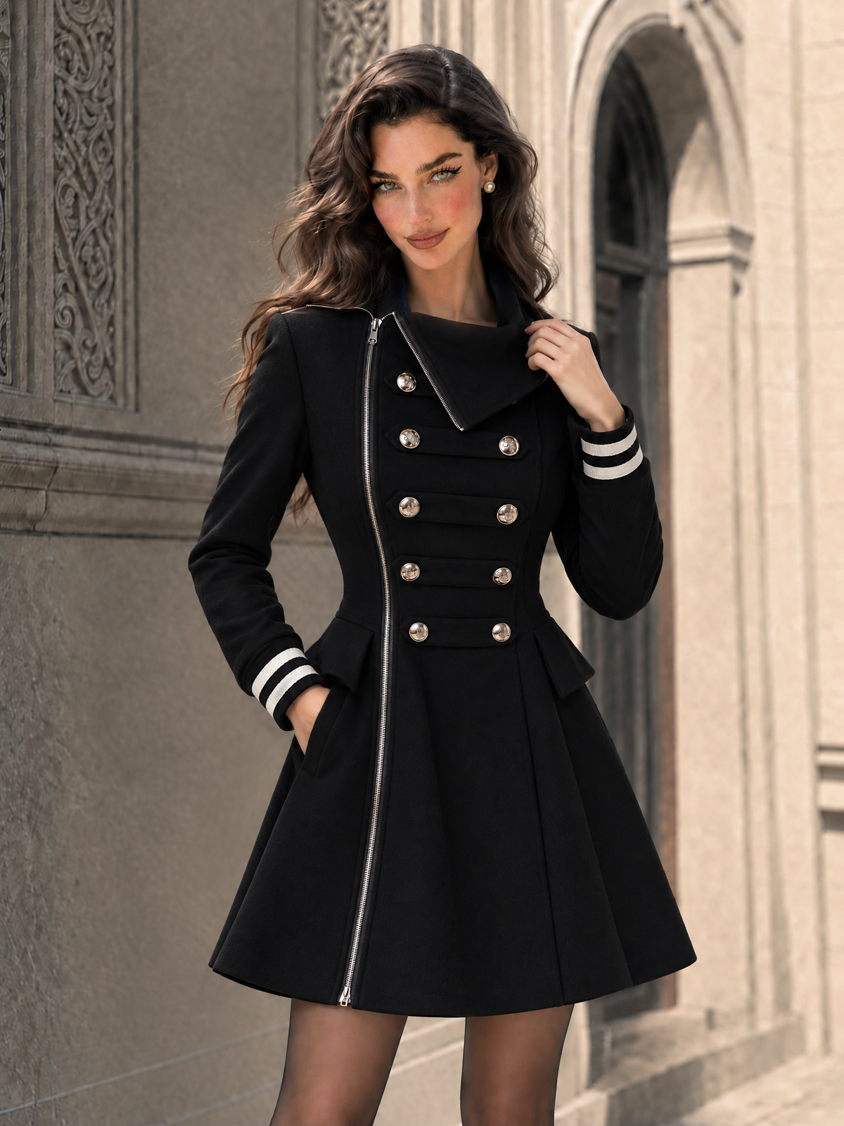 Vintage Side Placket Zip Lapel Coat